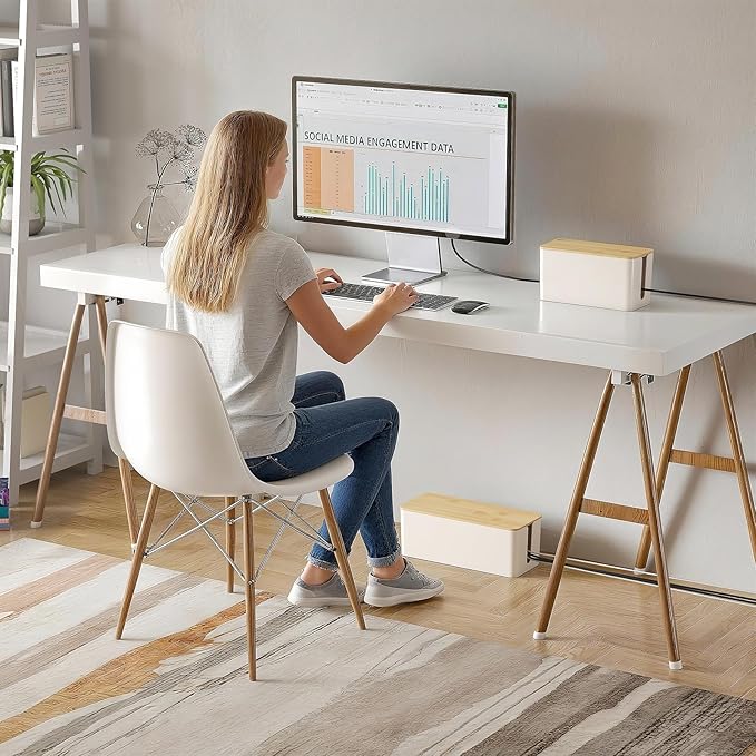 Delamu 2 Pack Cable Management Box Wooden, Wood Box with Lid Safe ABS Cord Hider Box Medium and Small Cable Organizers for Cords, Cable Raceways Power Strip Cover Box Baby Pet Proof for Home Office