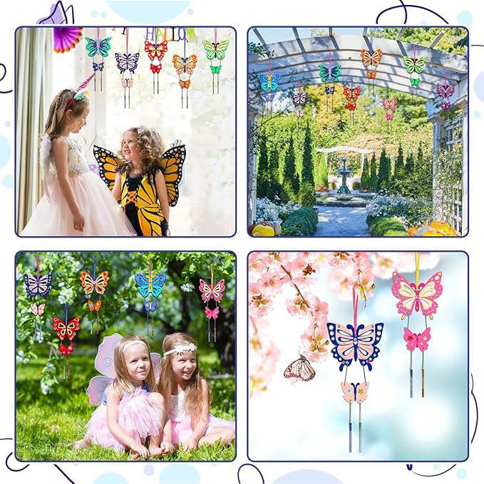 Fennoral 12 Pack Butterfly Wind Chime Kits for Kids Make Your Own Hollowed Out Butterfly Wind Chime DIY to Paint Butterfly Wooden Arts and Crafts for Kids Spring Summer Art Activity Birthday Party