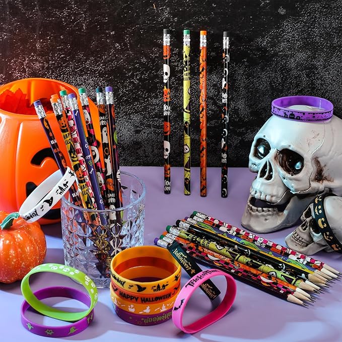 48 Pcs Halloween Pencils Halloween Rubber Bracelets Set Halloween Party Favors for Kids Ghost Pumpkin Skeleton Bat Spider Pencils Silicone Wristbands Trick or Treat Gifts Classroom Gifts for Students