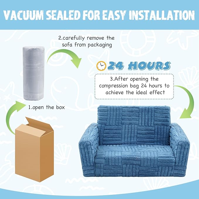 Kids Sofa, Toddler Chair, 2-in-1 Flannel Kids Fold Out Couch, Toddler Convertible Sofa to Lounger, Flip Open Toddler Couch for Kids (Blue)