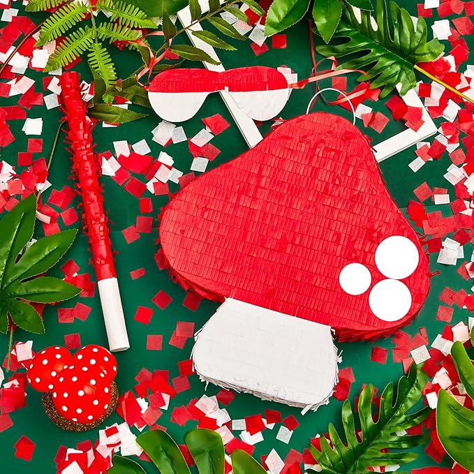 Lewtemi Mushroom Piñata 3D Mushroom Shaped Piñata Mushroom Party Favor with Blindfold Bat Confetti for Forest Jungle Fairy Theme Woodland Birthday Party Baby Shower Garden Decor, 14.9 x 14.1 x 2.95"