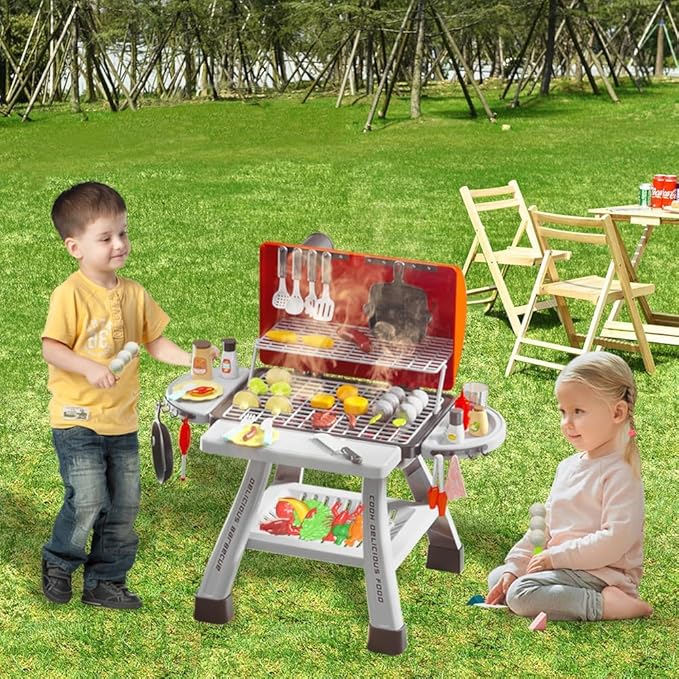 Barbecue Grill Toy Set, Kids BBQ Grill Playset with Smoke Sound Light Simulation Camping Cooking Interactive Toys Christmas Birthday Gift for Toddlers Girls Boys 2-6