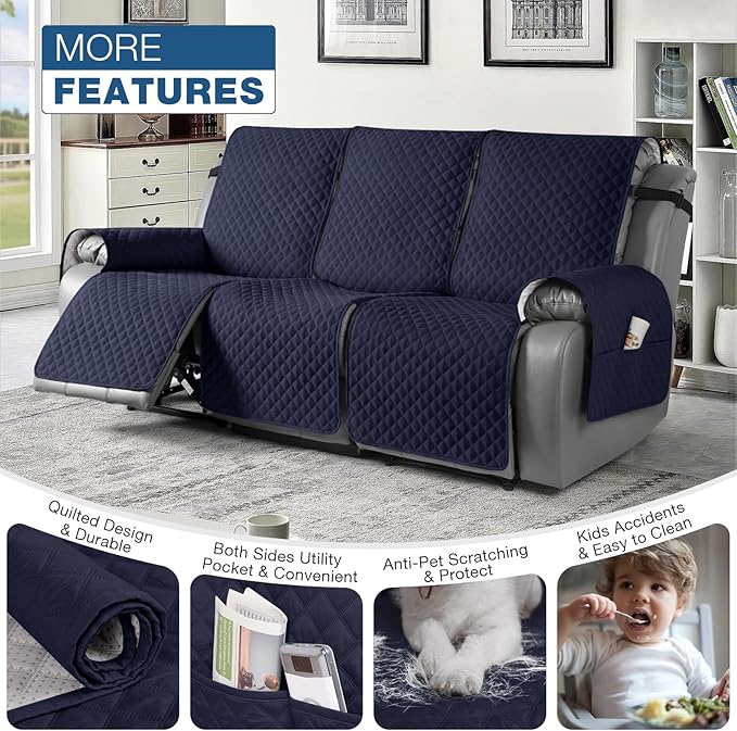 TAOCOCO Waterproof Recliner Couch Covers Sofa Slipcover for 3 Cushion Couch, Pet Sofa Cover for 3 Seat Recliner, Washable Reclining Sofa Cover Furniture Protector with Straps(3 Seater, Dark Blue)