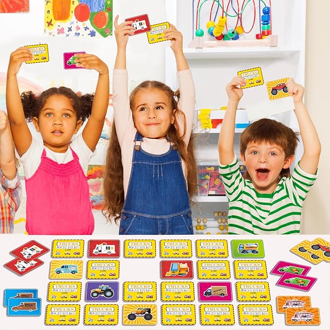 gisgfim 50 Pairs Memory Matching Game for Kids Trucks Concentration Games for Preschool Educational Ages 4-8 A Fun & Fast Vehicle Theme Memory Matching Games