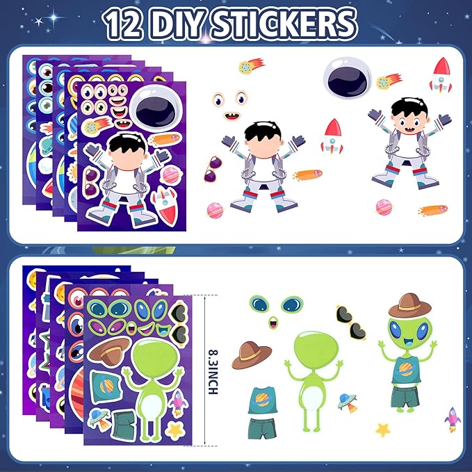 84Pcs Outer Space Party Favors Astronaut Birthday Supplies Bag Bouncy Ball Scratch Paper Necklace Silicone Bracelet Diy Sticker Goodie Bag Stuffer Kids Boys Galaxy Themed Party Favors
