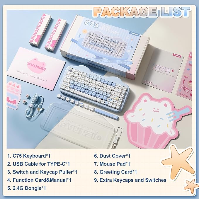 YUNZII C75 Wireless Mechanical Keyboard,75% Layout, Hot-Swappable NKRO,BT5.0/2.4G/USB-C Mode,Dye-Sub PBT MOA Keycaps,RGB Gasket Mount,Cute Cake Design for Mac/Win/Gaming (Blue, Candy Switch)