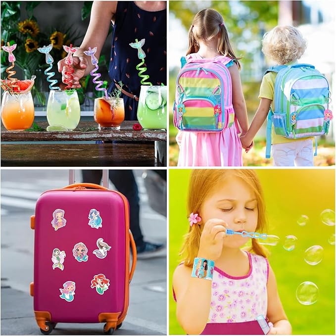 98 Mermaid Party Favors for Girls Birthday Supplies Straw Bubble Wand Slap Bracelet Keychain Sticker Toy Gift Prize Goodie Bags Stuffers Kids Decorations Mermaid Birthday Party Favors