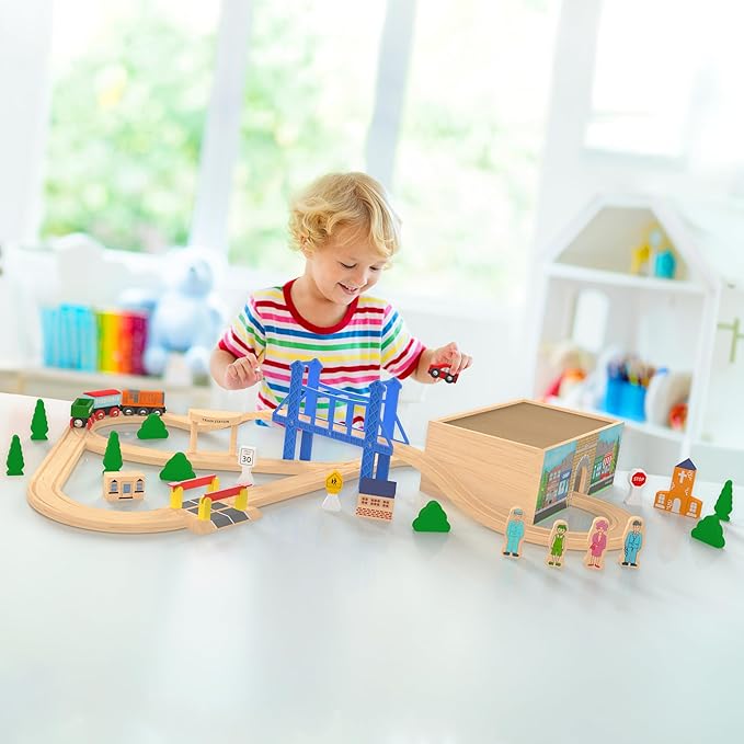 Orbrium Toys 52 Pcs Deluxe Wooden Train Set with 3 Destinations Fits Thomas, Brio, Chuggington, Melissa and Doug, Imaginarium Wooden Train