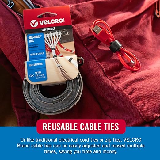 Velcro Brand Reusable Cable Ties – Mens Stocking Stuffers 2025, 100 Pack 6 Inch Cable Management Ties, Cord Wraps for Electrical Cords, Black