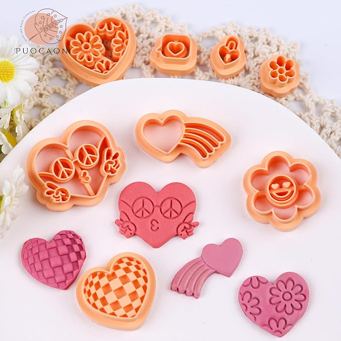 Puocaon 70s Valentines Clay Cutters - 10 Pcs Clay Cutters for Polymer Clay Jewelry Making, Vintage Disco Heart Shape Polymer Clay Jewelry Cutters, Bulb Lock Daisy Flower Clay Cutters for Earrings