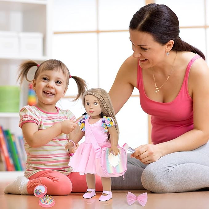 American 18 Inch Doll Clothes and Accessories Makeup Playset Fit 18 Inch Doll Including Fashion Skirt, Bag, Eye Shadow Plate, Lipstick, Comb Mirror, Pair of Hairpins, Makeup Brushes, Bracelet