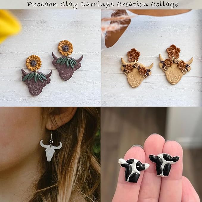Puocaon Highland Cow Clay Cutters - 4 Pcs Clay Cutters for Polymer Clay Jewelry Making, Original Polymer Clay Jewelry Cutters, Animal Clay Earring Cutters, Scotland Cow Shape Clay Cutters Earrings