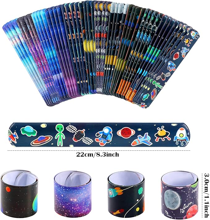 Lorfancy 48 Pcs Space Slap Bracelets Space Toys with Planet Design Kids Bracelets Snap Bands Class Prize Outer Space Party Decorations Favors