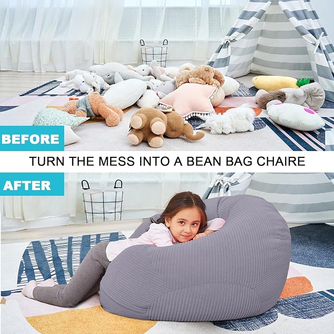 Stuffed Animal Storage Bean Bag Chair Cover for Kids, 38" Beanbag Chairs Cover Plush Toys Organizer Super Soft Corduroy with Handle and Zipper for Boys and Girls - Grey