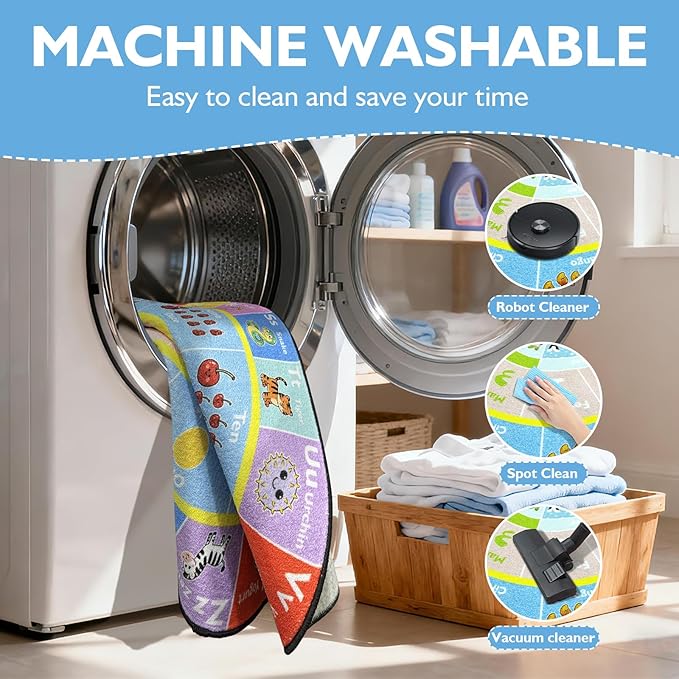 ABC Round Kids Rug for Playroom, 6ft Alphabet Small Classroom Rug, Educational Kids Play Mat With Number Shape Animal Season, Learning Area Rug for Nursery Bedroom Kidsroom, Colorful Non-Slip Washable