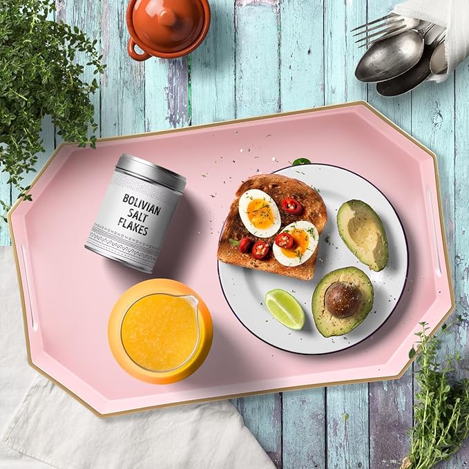 Omuriko Pink Decorative Tray with Handles, Versatile Serving Tray for Coffee Table, Ottoman, Ideal for Serving, Displaying, Organizing, 15.7"*10.2"*1.57"