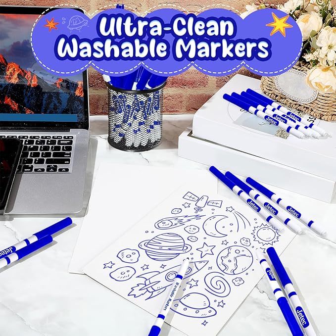 Janlaugh 48 Pcs Line Washable Markers Bulk Blue Fine Tip Markers Set Coloring Markers for Kids Thin Washable Markers Blue Tips Markers for Art School Supplies, Back to School Supplies, Ages 6+