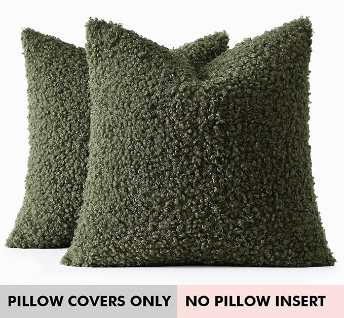 Woaboy Faux Fur Throw Pillow Covers 18x18 Inch Set of 2 Boucle Neutral Decorative Sherpa Fuzzy Accent Soft Sheepskin Fleece Cushions Modern Home Decor for Couch Sofa Bedroom Living Room,Olive Green