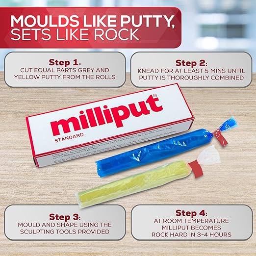 Milliput Epoxy Putty 10 Piece Set, Standard Color - with Sculpting Tools, Sanding Pad and Gloves - Air Dry Moldable Plastic Plumbers Clay - Ceramic Tile, Marble, and Quartz Countertop Chip Repair Kit