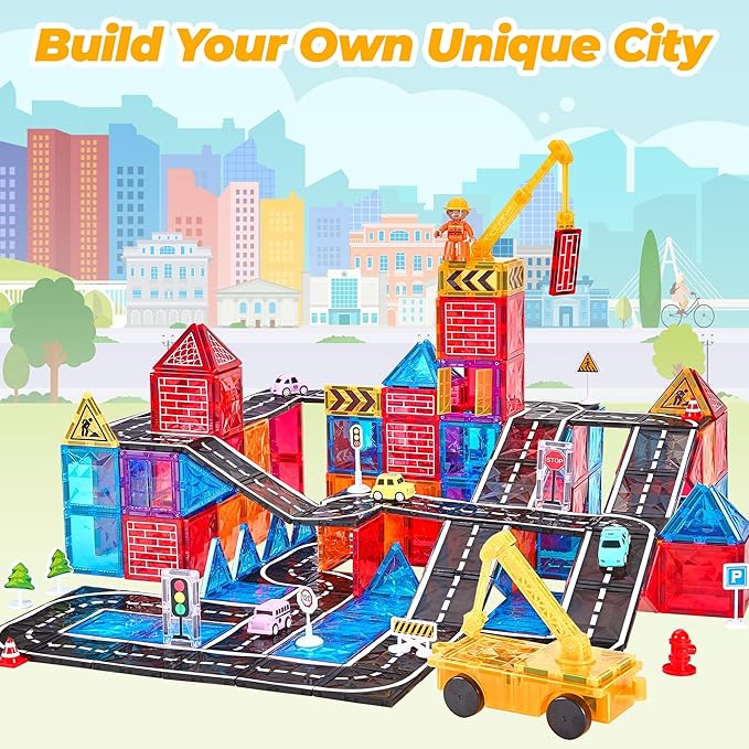 Magnetic Tiles Road Set with Car Crane and Toy Figurine, Construction Tiles Building Blocks Set for Kids Birthday Gifts, Educational STEM Sensory Toys for 3 4 5 6 7 8+ Year Old Toddlers Boys Girls