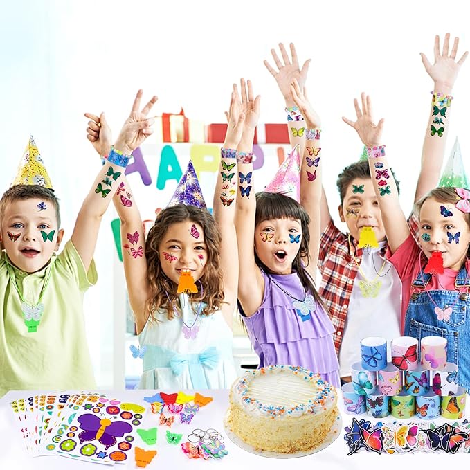 196Pcs Butterfly Party Favors Butterfly Birthday Party Supplies Tattoos Stickers Bracelets Necklaces Rings Whistles Keychains Fairy Party Favors for Girls Birthday Party Favor