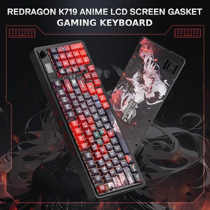 Redragon K719 PRO Wireless Gasket Gaming Keyboard w/Hype Screen & Knob, 95 Keys Mechanical Keyboard, Easy-Control 1.14’’ TFT Info Display, 5-Layer Noise Dampening, Custom Linear Switch, Anime Edition
