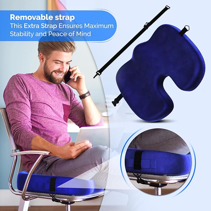 Gel Seat Cushion – Navy Blue Flannel Pillow with Velvet Removable Cover – Ergonomic Sponge Support for Office, Car & Home