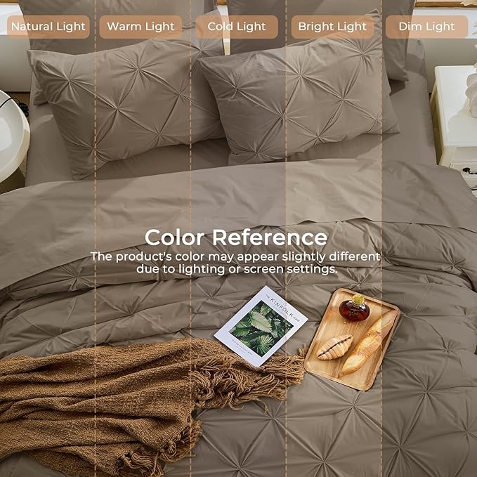 Sasttie Twin XL Comforter Set, 5-Piece Bed in a Bag, Pintuck Bedding Sets for All Season, Includes Comforter, Flat Sheet, Fitted Sheet, Pillowcase and Pillowsham, Brown