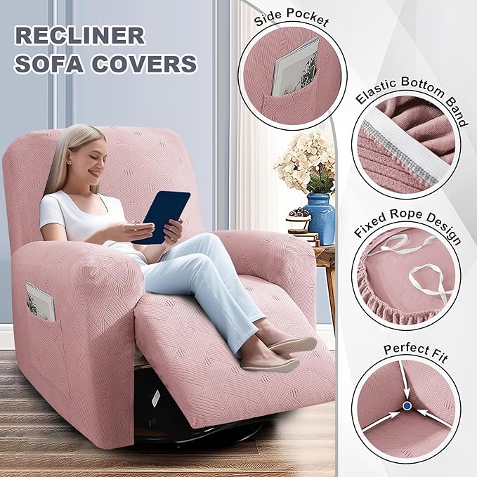 JIVINER Recliner Couch Cover, Jacquard 5 Piece Stretch Sofa Covers for 3 Cushion Reclining Lazy Boy Soft Washable Sofa Slipcovers Protector with Pockets (Recliner Sofa, Dusty Pink)