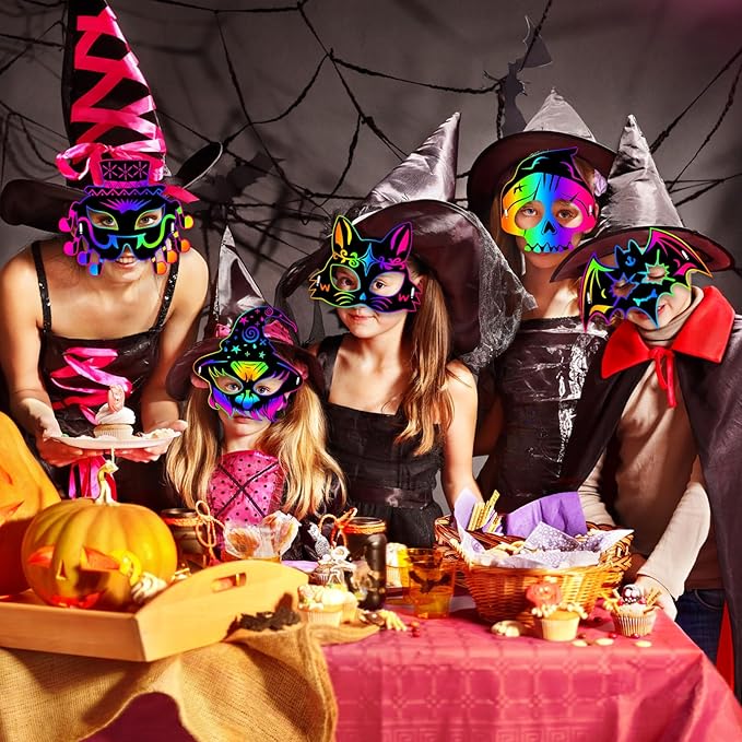 JMUQ Halloween Scratch Mask Games for Kids, 72Pcs Halloween Scratch Art Craft Kit Rainbow Scratch Paper Art for Halloween Party Favors Supplies Halloween Classroom Favors Halloween Activities