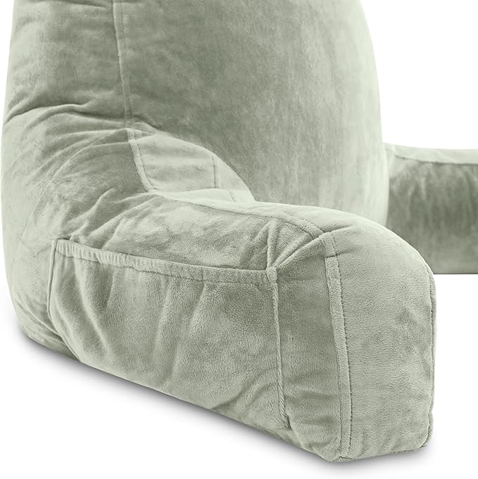 Husband Pillow XXL Reading Pillow for Bed Backrest with Arms - Desert Sage Adult - Unmatched Support Pillow for Sitting Up in Bed - Shredded Memory Foam Comfy Microplush Cover & Detachable Neck Roll