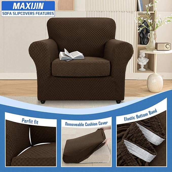 MAXIJIN 2 Piece Jacquard Chair Covers with Arms Super Stretch Non Slip Chair Slipcover for Living Room Dogs Pet Friendly Elastic Sofa Couch Protector Armchair Cover (Chair, Dark Coffee)