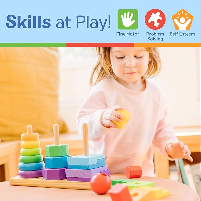 Melissa & Doug Geometric Stacker - Wooden Educational Toy Wooden Shape Sorter And Stacking Toy, Stacking Tower For Babies, Toys For Toddlers And Kids Ages 2+