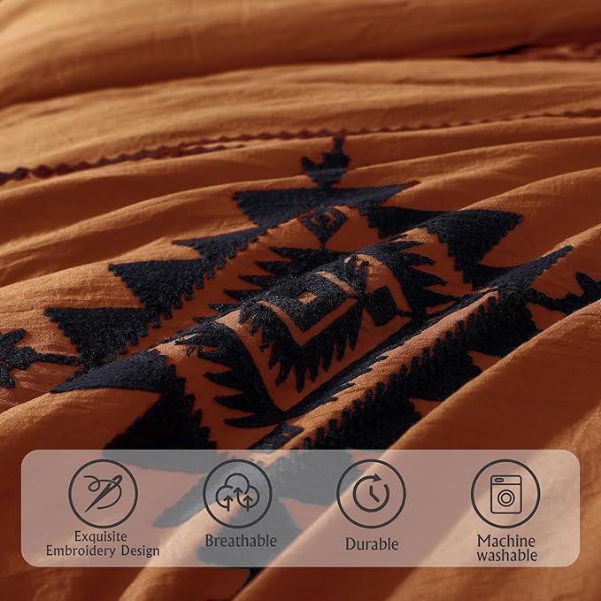 MaiRêve Embroidery Comforter Set, Boho Farmhouse Western Bedding Set, All Season Bed in A Bag Comforter Set with Sheets, Pillowcases & Shams, Burnt Orange California King 7 Pieces