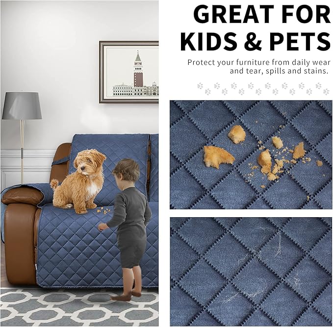 Easy-Going Recliner Sofa Cover, Reversible Couch Cover for Double Recliner, Split Sofa Cover for Each Seat, Furniture Protector with Elastic Strap for Kids, Dogs, Pets(2 Seater, Dark Blue/Light Blue)