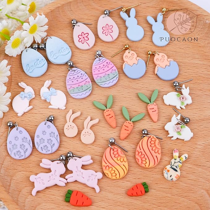 Puocaon Easter Polymer Clay Cutters - 17 Pcs Clay Cutters for Polymer Clay Jewelry, Basic Rabbit Carrot Clay Earring Cutters, Easter Eggs Clay Jewelry Cutters, Floral Bunny Clay Cutters