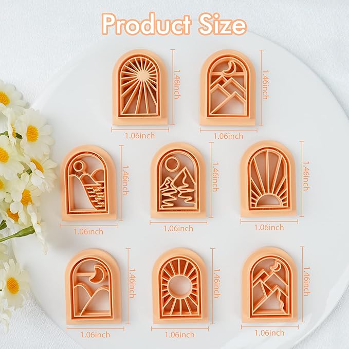 Puocaon Boho Landscape Clay Cutters - 8 Shapes Clay Cutters for Polymer Clay Jewelry Making, Sun Ray Polymer Clay Cutters for Earrings, Arch Clay Cutters Boho Mountain Scene Earrings Making Set