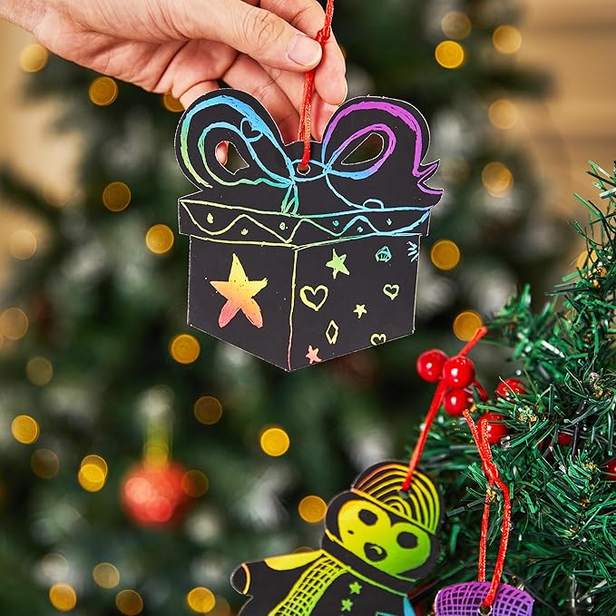 JOYIN 72 Pcs Christmas Scratch Art Ornaments, Rainbow Color Scratch Paper Craft Kit Include Snowman, Christmas Tree, and Reindeer, Scratch Off Hanging Ornament for Kids Party Favor