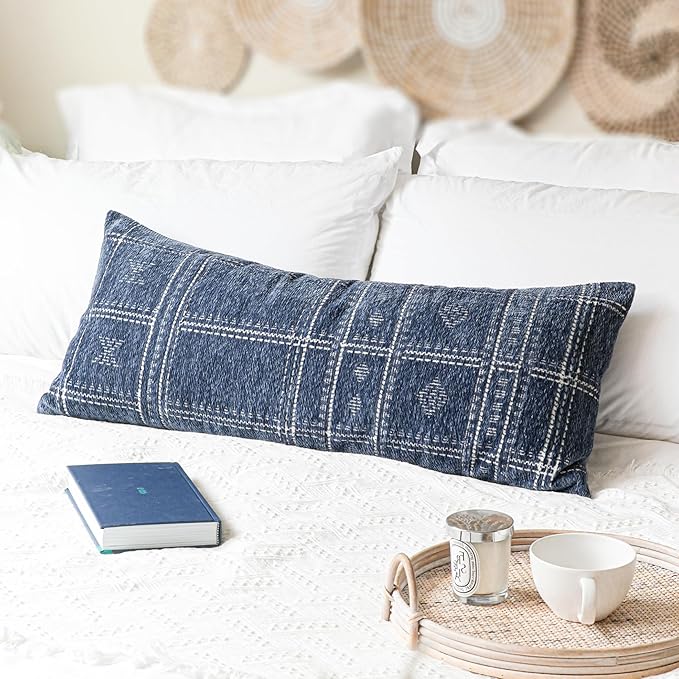 BlissBlush Dark Blue Boho Lumbar Throw Pillow Cover 14X36, Decorative Long Accent Body Pillow for Bed, Farmhouse Woven Textured Pillowcase for Couch (Cover ONLY)