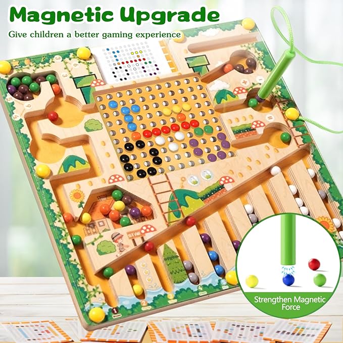 Magnetic Color and Number Maze Montessori Toys for 3+ Year Old Kids Wooden Drawing Board with Magnetic Beads Educational Learning Toys Counting Matching Toys