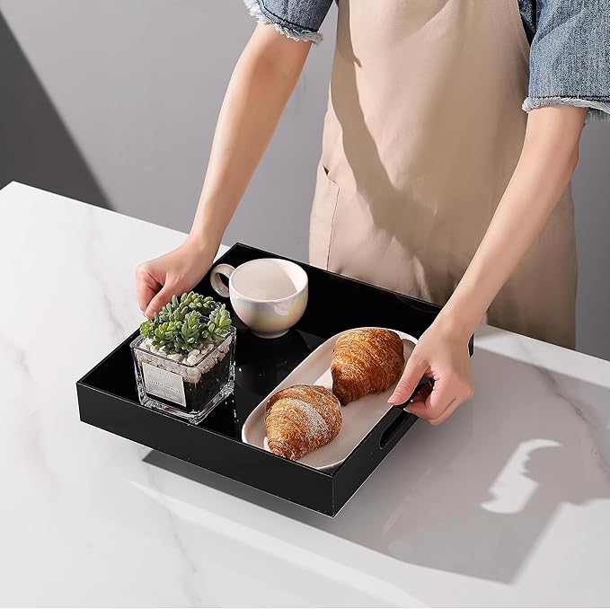BEYLANG Glossy Black Sturdy Acrylic Serving Tray with Handles-12x12 Inch-Serving Coffee,Appetizer,Breakfast,Butler-Kitchen Countertop Tray-Makeup Drawer Organizer-Vanity Table,Ottoman Tray-Decorative