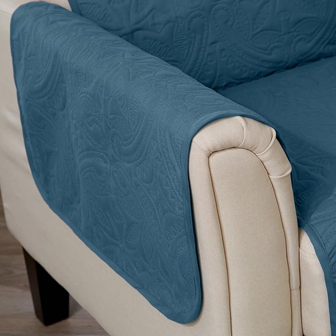 Great Bay Home Medallion Stitched Solid Furniture Protector Stain Resistant Durable Furniture Protector Elenor Collection (Recliner, Smoke Blue/Ivory)