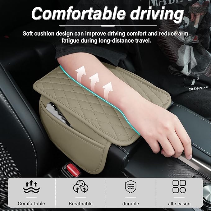 Amiss Car Center Console Cover, Leather Car Armrest Cushion with 2 Storage Pockets, Universal Waterproof Cushion Pad, Non-Slip Car Interior Accessories, Fits Most Sedans SUVs Trucks (Light Beige)