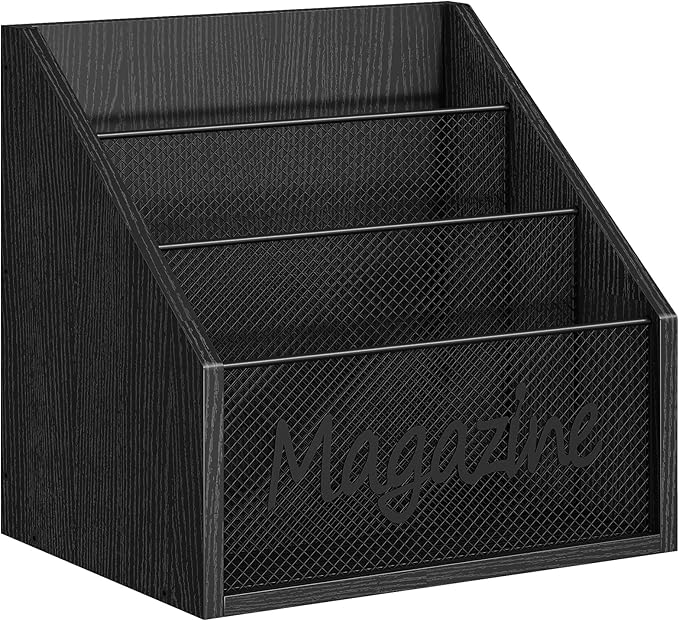YATINEY Magazine Holder, Wood Magazine Rack Floor, Mail Organizer Countertop, Magazine Mail Holder Sorter, Record Holder for Magazines, Books, Newspapers, Tablets, Black MR02BB