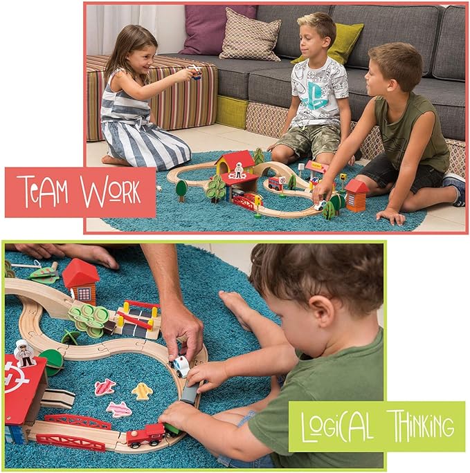 Wooden Train Set - 69 Pieces Wooden Train Tracks & Trains for Kids, Toddler Boys and Girls 3,4,5 Years Old and Upâ Premium Wood Construction Toys -Fits Thomas, Brio, IKEA, Melissa and Doug