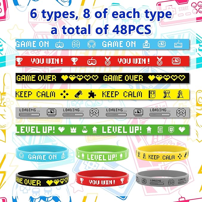 Lesnala 48 PCS Video Game Rubber Bracelet Gamer Silicone Wristband for Theme Party Supplies Decorations Kids Teenagers and Adults Birthday Present 6 Styles