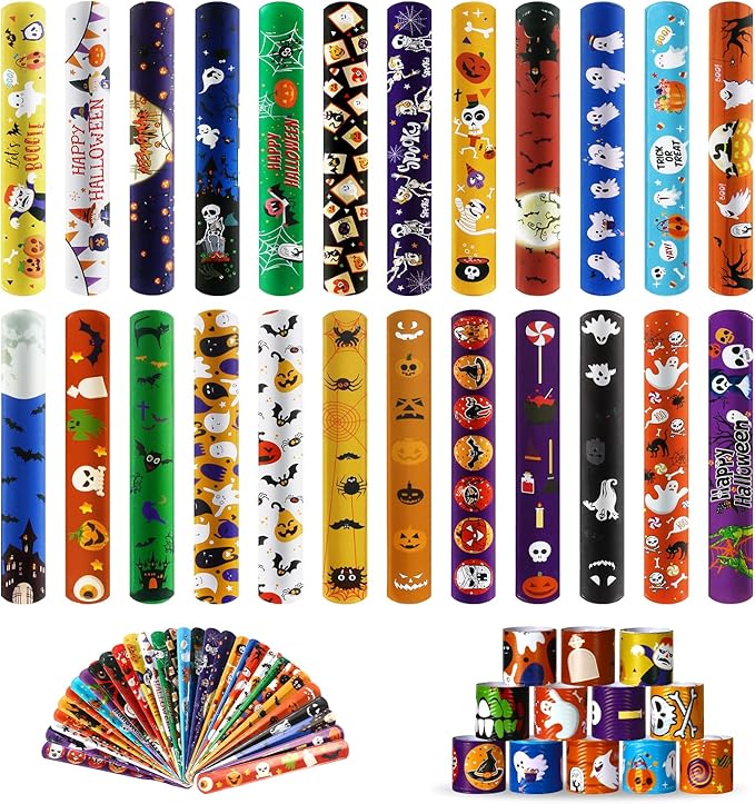Halloween Slap Bracelet For Kids,48Pcs Halloween Party Favors, Halloween Decorations Gifts Bracelet Decorations Outdoor, Halloween Prizes Snap Bracelets Bulk Decor,Halloween Favors for Kids,Boys,Girls