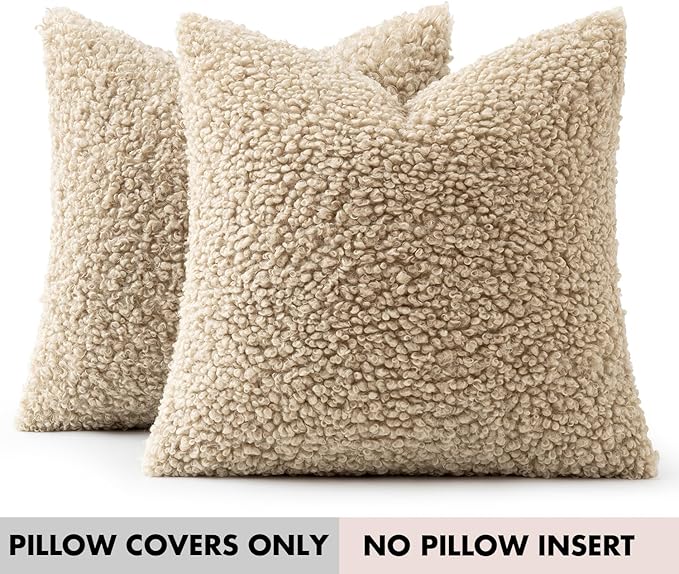 Woaboy Faux Fur Throw Pillow Covers 20x20 Inch Set of 2 Boucle Neutral Decorative Sherpa Fuzzy Accent Soft Sheepskin Fleece Cushions Modern Home Decor for Couch Sofa Bedroom Living Room,Oatmeal