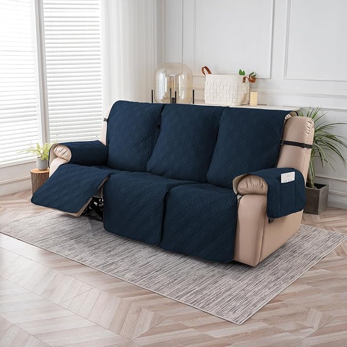 Easehomey Waterproof Recliner Sofa Cover,Non-Slip Reclining Sofa Covers for 3 Seat,Washable Reclining Sofa Cover Furniture Protector with Elastic Straps Pocket for Kids, Pets(Dark Blue,3Seat)