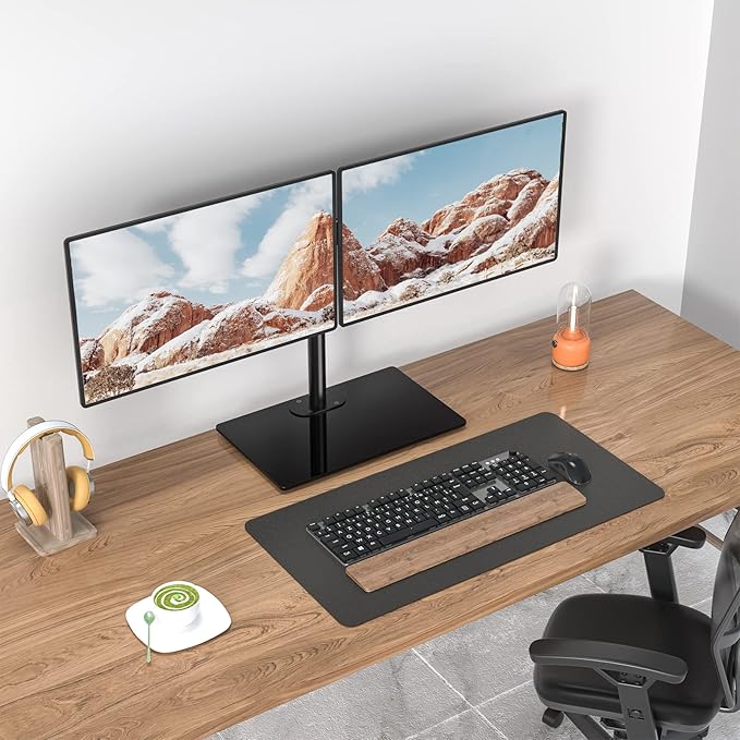 WALI Free Standing Dual Monitor Stand, Height Adjustable Monitor Mount with Glass Base, Fits LCD LED Flat Curved Screen up to 27 inch, 22lbs, with Grommet Base (GMF002)
